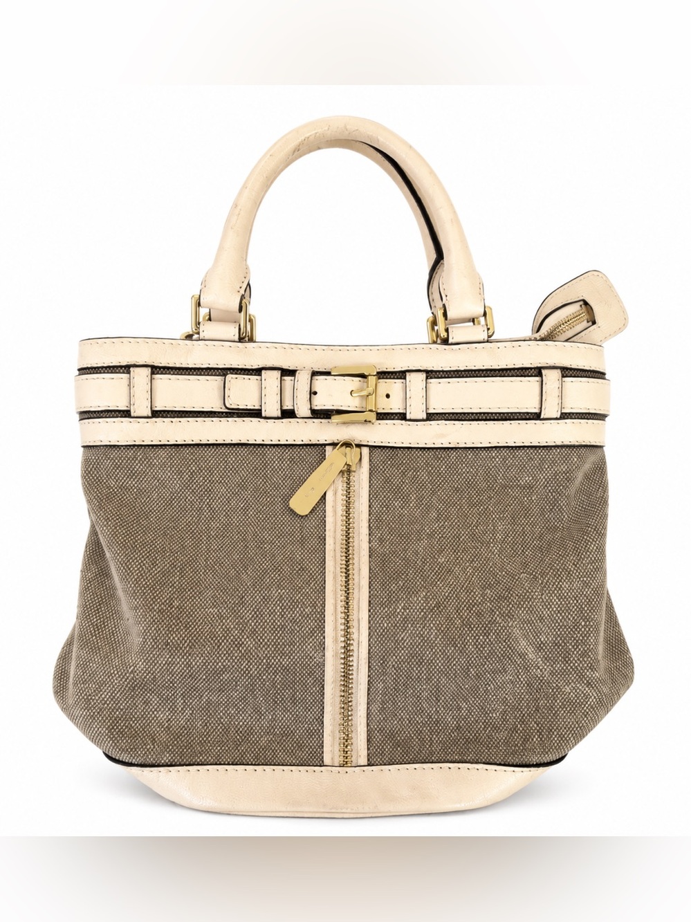 Michael Kors Beige Canvas Shoulder Bag with White Leather Trim
